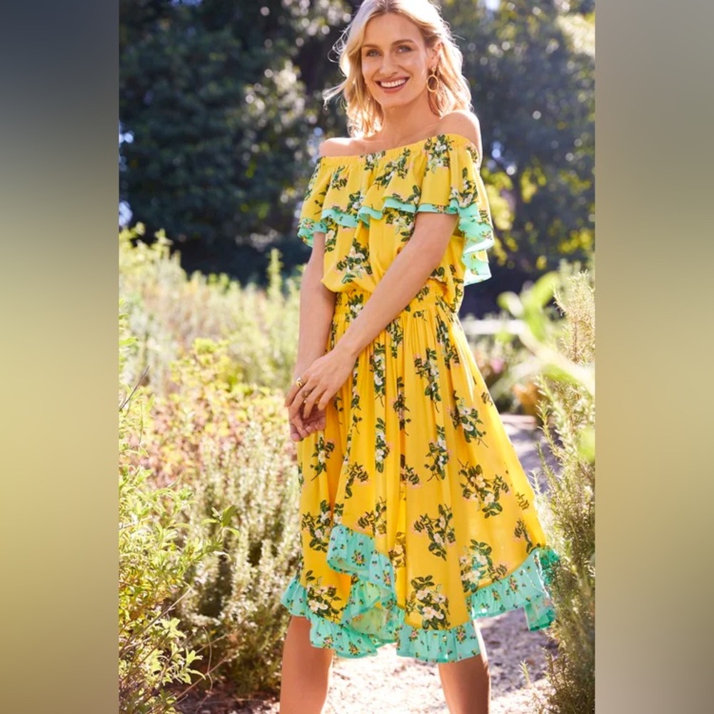 Matilda Jane Yellow Floral One-Shoulder Ruffle Dress with Mint Trim